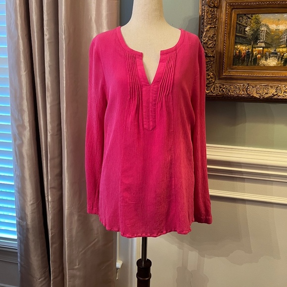 Vineyard Vines Crinkle Silk Blend Raspberry Pink Tunic Top Blouse Shirt LARGE - Picture 1 of 3